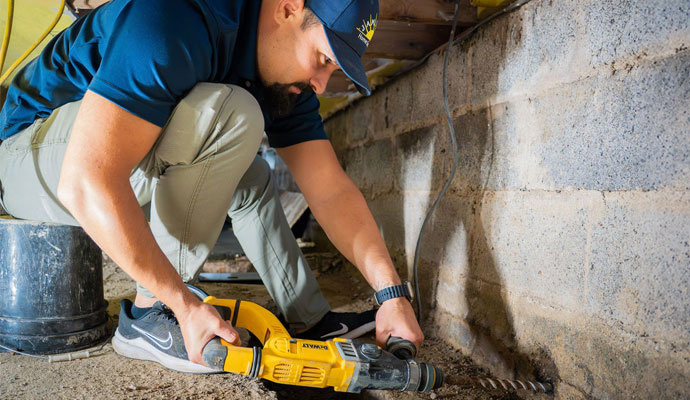 Worker drilling into cinder block foundation
